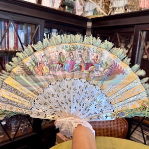 Rare 19th Century French Museum-Quality Fan – Mother of Pearl, Lithograph, Feathers & Fabric Flowers