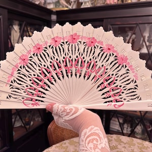 Vintage Hand Painted Wooden Fan |  Carved Guard Fan | Pink Floral Spanish Fan