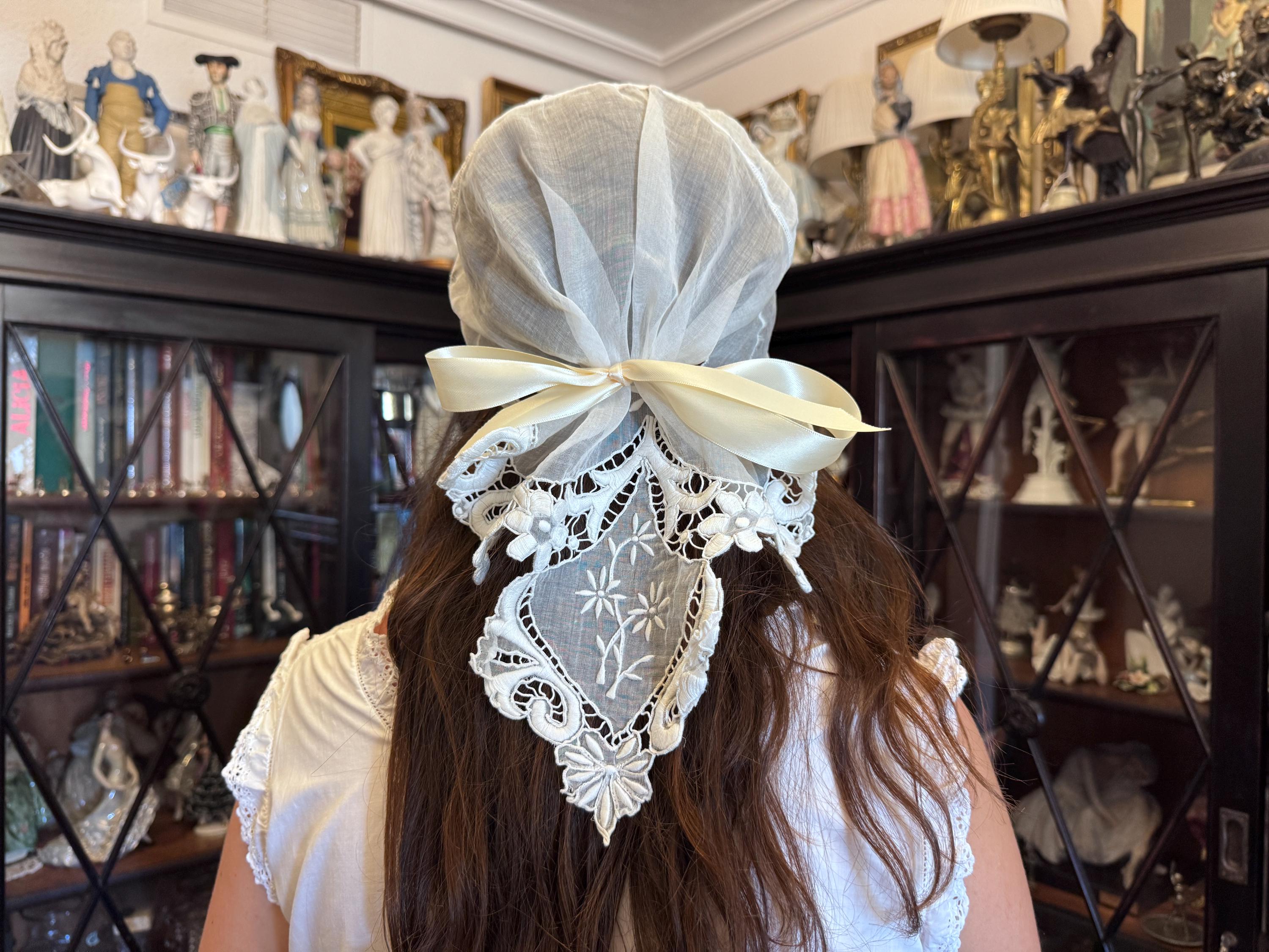 ANTIQUE LINEN BONNET 1850s Lace Bonnet w Linen Boning + Silk Ribbon Trim #antique  main image 2
