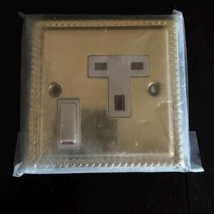 May include: A gold-colored electrical outlet and light switch plate, encased in clear plastic. The plate has a decorative border and a standard three-prong outlet and a light switch.