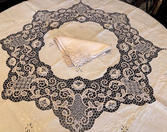 Antique Burano Lace Tablecloth Set, 8 Linen Napkins, Handmade Venetian Lace,  Italian Heirloom Linens