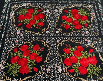 Vintage Silk Mantón de Manila with Roses, Black Silk Shawl with Hand-Knotted Macramé Fringe, Flamenco Shawl