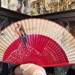Antique Spanish Fan - Fabric and Wood - Folding Fan - Hand Painted