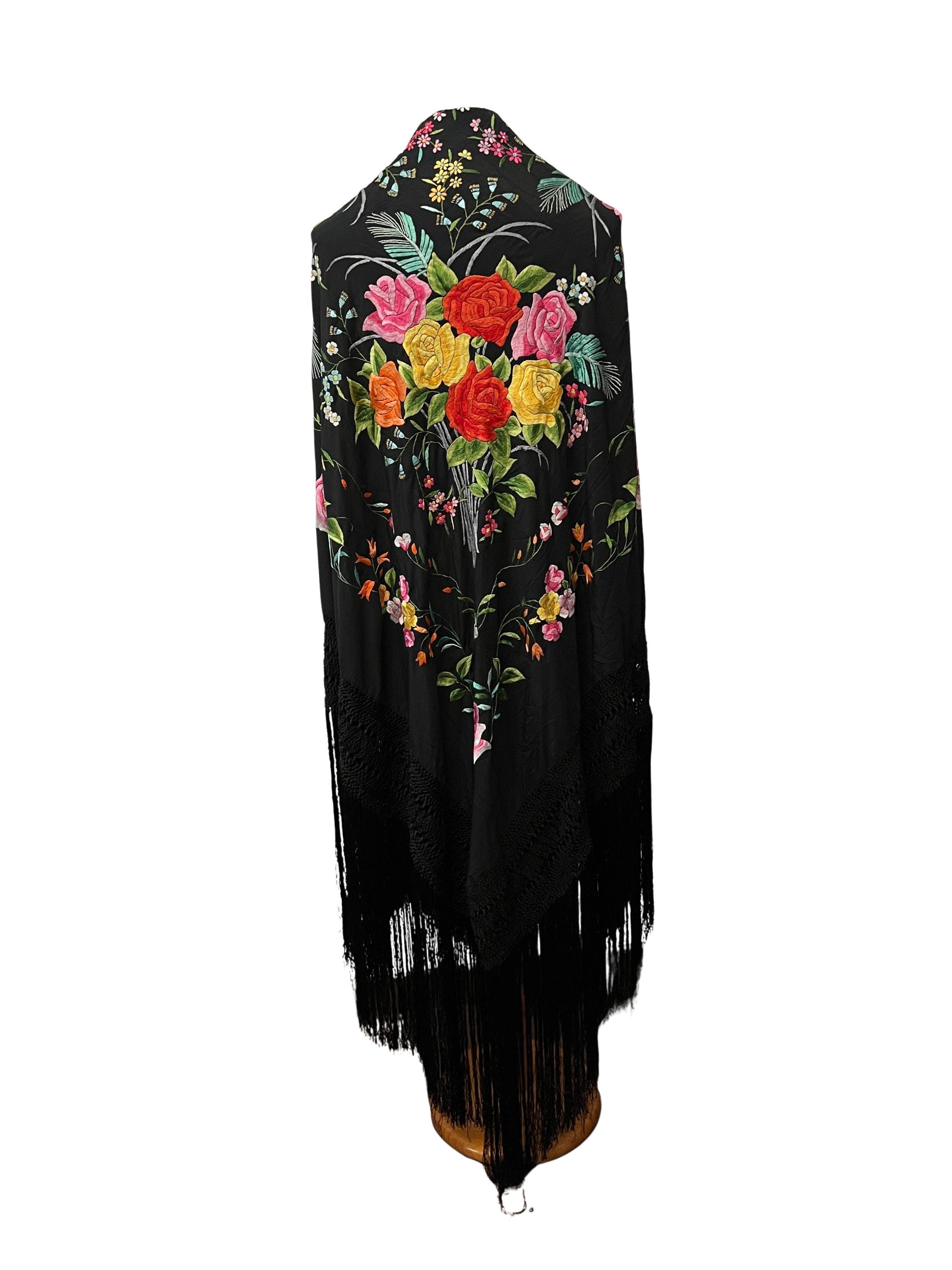 ヴィンテージ ブラックシルク マントン デ マニラ | フリンジ付き手