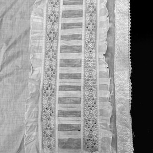 May include: White cotton fabric with a delicate lace trim and embroidered details. The fabric has a sheer, almost translucent quality, and the lace is intricate and delicate. The embroidery is in a floral pattern, and the overall effect is very feminine and elegant.