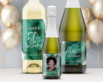 Emerald Wine Bottle Custom Drinks Label, Mini Champagne Beer Prosecco, Gifts Favor Tags, Green and Gold Watercolor Party, Canva Template GW1