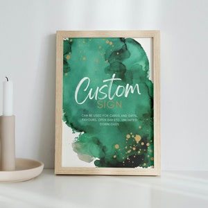 Cartello per festa smeraldo, libro degli ospiti open bar, poster e regali, decorazione ad acquerello verde e oro, compleanno uomo donna, modello Canva GW1
