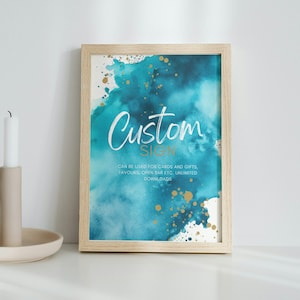 Cartello per festa verde acqua, libro degli ospiti open bar, poster e regali, decorazione ad acquerello blu e oro, compleanno uomo donna, modello Canva TW1