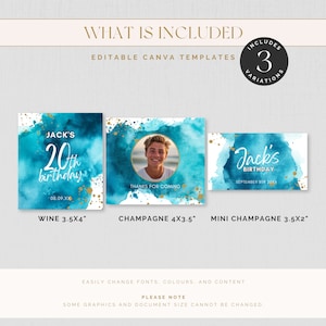 May include: Three editable Canva templates for a 20th birthday party. The templates feature a blue watercolor background with gold accents. The text on the templates reads "Jack's 20th birthday" and "Jack's Birthday". The templates are available in three sizes: wine (3.5x4 inches), champagne (4x3.5 inches), and mini champagne (3.5x2 inches).