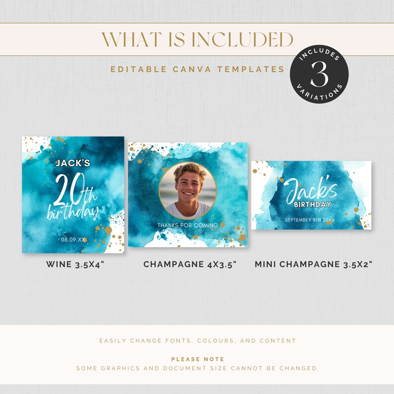 May include: Three editable Canva templates for a 20th birthday party. The templates feature a blue watercolor background with gold accents. The text on the templates reads "Jack's 20th birthday" and "Jack's Birthday". The templates are available in three sizes: wine (3.5x4 inches), champagne (4x3.5 inches), and mini champagne (3.5x2 inches).