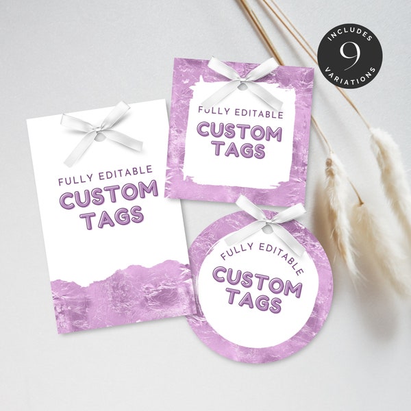 Lilac Thankyou Tags, Square Circle Luggage Gift Labels for Favors, Lavender Glitter template, Birthday baby bridal event, Editable Canva LC1