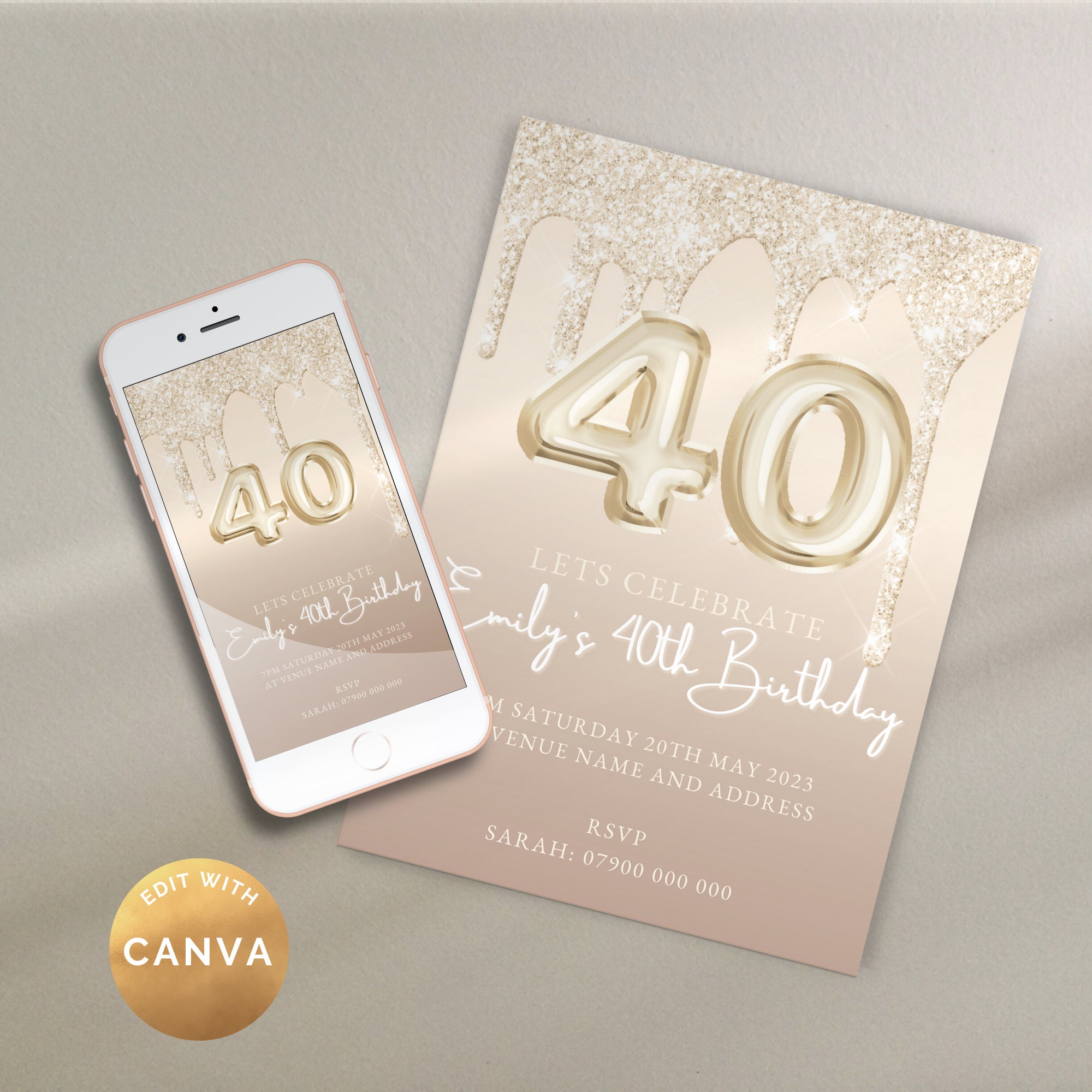 40th Birthday Party Invitation, Champagne Gold Glitter Foil Balloon ...