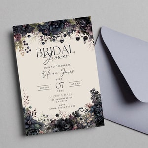 Gothic Bridal Shower Invitation, Dark Floral Hen Party text, Moody Painted Flowers, Editable Canva Template, Halloween Printable invite BF1