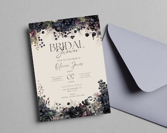 Gothic Bridal Shower Invitation, Dark Floral Hen Party text, Moody Painted Flowers, Editable Canva Template, Halloween Printable invite BF1