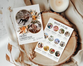Rustic Christmas Photo Card - Custom Holiday Greeting with Pinecones, Dried Orange & Gold Accents, Personalized Family New Year Template