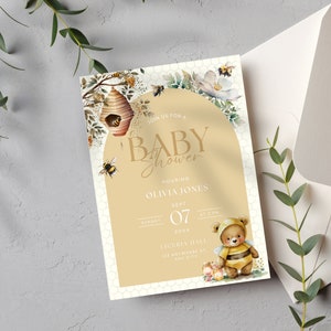 Invito per la doccia per bambini Honey Bee, testo festa neutrale unisex, futura mamma, orsacchiotto, modello Canva modificabile, invito arco stampabile -SF1