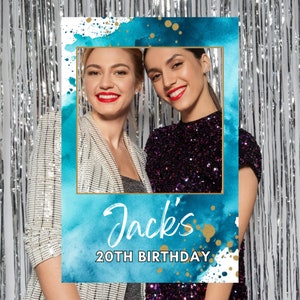 Teal Frame Photo Prop, Party Booth Decoration, Birthday décor men or women, Blue and Gold Custom Poster, Selfie Picture, Canva Template TW1