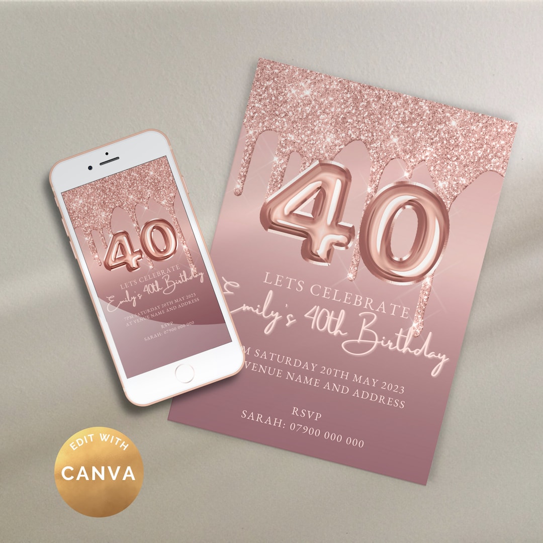 40th Birthday Party Invitation, Rose Gold Pink Glitter Foil Balloon ...