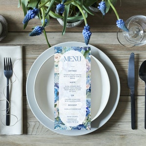 Blue Hydrangea Bridal Shower Dinner Menu, Floral Hen Party Food List, Painted Garden Flowers Brunch , a la carte, Canva Template - BH1