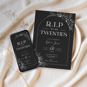 R.I.P to my Twenties Partyeinladung, schwarze moderne Telefoneinladung, 30.Geburtstag, launisches Design der Bogenlinie Kunst, bearbeitbare Canva-Vorlage C01