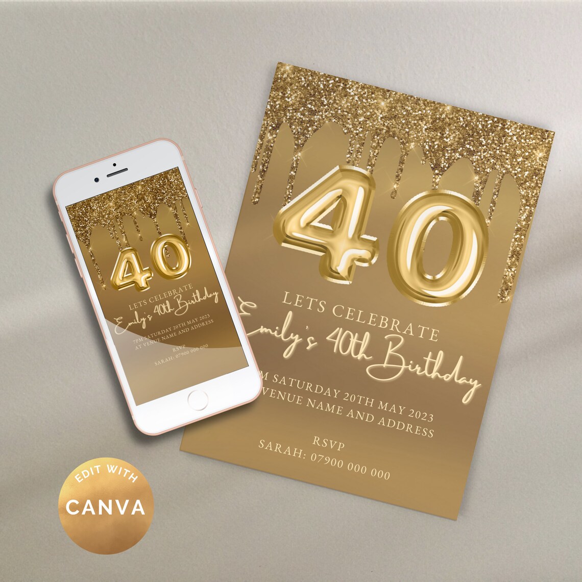 40th Birthday Party Invitation, Yellow Gold Glitter Foil Balloon, Phone ...
