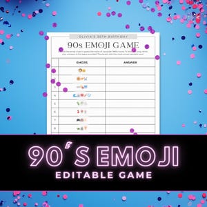 以下が含まれることがあります： 「90s Emoji Game」と題された白い印刷可能なゲームシート。90年代の映画やテレビ番組を当てるための絵文字の手がかりがあります。ゲームはオリビアの30歳の誕生日用です。画像の下部には、ネオンピンクのフォントで「90's Emoji Editable Game」というテキストがあります。