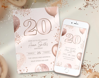May include: A rose gold 20th birthday invitation with a phone mockup. The invitation features a large number 20 with confetti and balloons. The text on the invitation reads "Join us to celebrate Anna Smith's 20th Birthday, March 25, 7:00PM, The Venue and Address, RSVP 07000 000 000".
