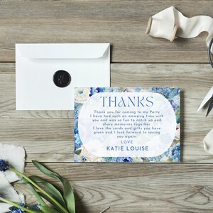 Blauwe hortensia bruids douche Bedankkaart, Floral vrijgezellenfeest, geschilderde tuin bloemen brunch, beste wensen brief, Canva sjabloon - BH1