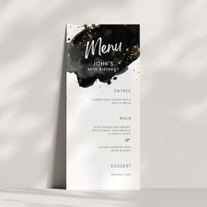 Black and Gold Dinner Menu, Party Food, Bar Drinks List, a la Carte Brunch, Mens Birthday, Watercolor Luxury Card, Canva Template BW1