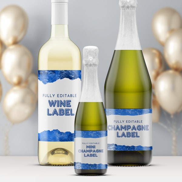 Royal Blue Wine Bottle Label, Dinner Party Drinks tag, Mini Champagne Beer Prosecco, Glitter Metallic, Custom Gift Favor, Canva Template RB1