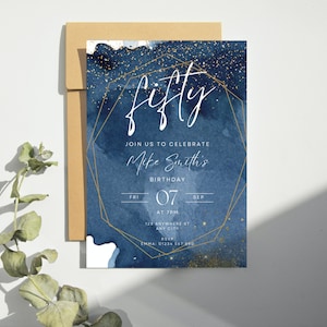 50th Birthday Party Invitation, Navy Blue Watercolor and glitter invite, Any Age Digital text, Phone Invitation, Canva Template - NW1