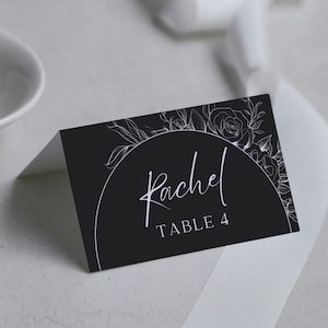 RIP, carte tente de nourriture des années 20, étiquettes pliées pour buffet, panneaux de fête d'anniversaire floraux gothiques noir et blanc, marque-places de table, modèle canva C01