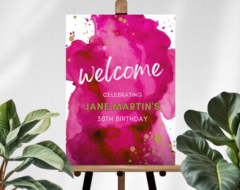 May include: Welcome sign with a pink watercolor background and gold accents. The text reads "Welcome Celebrating Jane Martin's 30th Birthday".