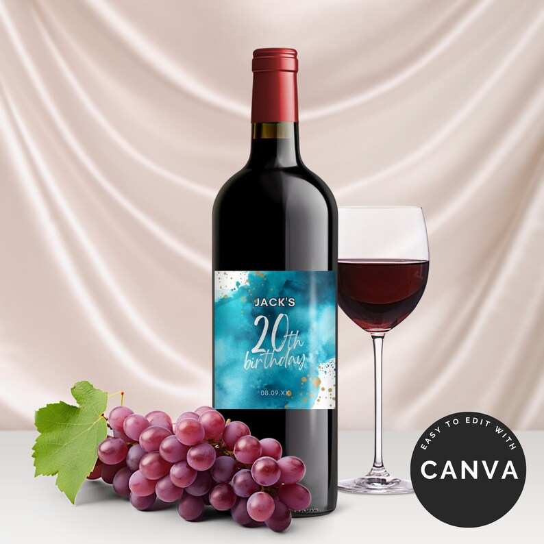 May include: A wine bottle label with a blue and gold watercolor design. The label says "Jack's 20th birthday 08.09.XX".