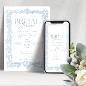 Może przedstawiać: Niebiesko-białe zaproszenie na wieczór panieński z ozdobną ramką. Zaproszenie zawiera napis "Bridal Shower" oraz imię i nazwisko "Olivia Jones", datę "Sept 07 20XX" i godzinę "At 2 PM".