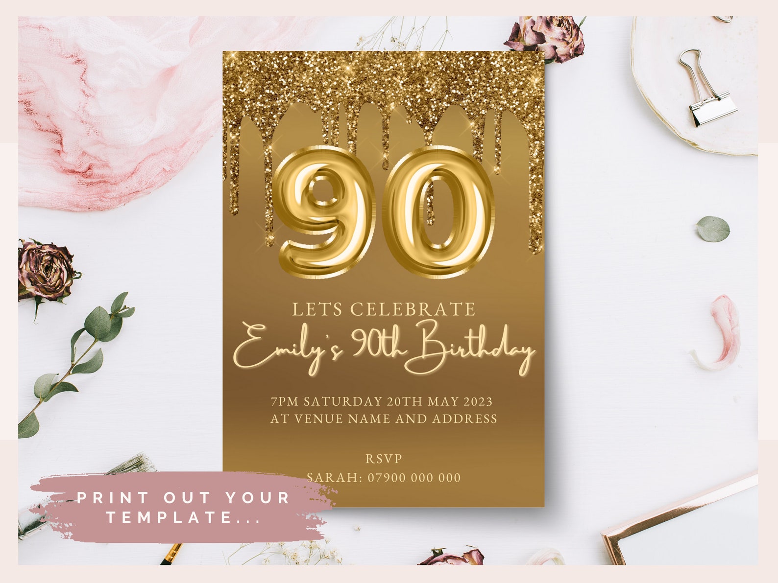 90th Birthday Party Invitation, Yellow Gold Glitter Foil Balloon, Phone ...