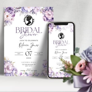 Regency Brautparty Einladung, florale Hen Party Text, lila gemalte Gartenblumen, bearbeitbare Canva Vorlage, druckbare Einladung - BR1