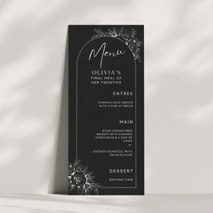 RIP Menu Kolacji Lat Dwudziestych - Gotyckie Czarno-Białe Kwiaty, Jedzenie Na Imprezę, Lista Napojów Barowych, Brunch Na 30 Urodziny, Edytowalny Szablon Canva C01