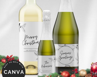 Christmas Party Wine Bottle Label, Xmas Dinner Drinks Label, Mini Champagne Beer Prosecco, Minimalist Lineart Gift Favor, Canva Template CH1