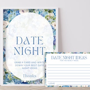 Blue Hydrangea Bridal Shower Date Night Ideas Sign, Floral Hen Party Poster, Painted Garden Flowers, Advice Card, Canva Template - BH1