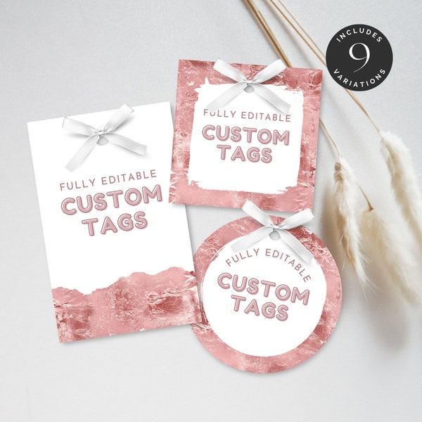 Dusky Pink Custom Tags, Square Circle Luggage Gift Labels for Favors, Rose Glitter, Birthday baby bridal event template, Editable Canva DP1