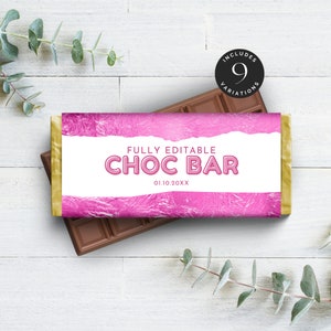 May include: A pink and gold chocolate bar wrapper with the text "FULLY EDITABLE CHOC BAR 01.10.20XX". The wrapper has a textured, crumpled look. A circle with the text "INCLUDES 9 VARIATIONS" is in the top right corner.