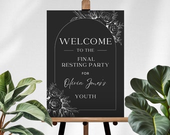 RIP Twenties Welcome Sign - Farewell to Your Youth, Humorous 30th Birthday Poster, Black & White Floral Tombstone Design, Canva Template C01