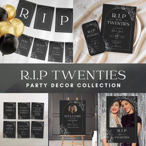 Pacote de decoração de festa RIP Twenties, conjunto de 30 anos, pacote de decoração floral gótico preto e branco, kit de modelo de canva para impressão C01