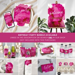 May include: A pink and gold watercolor birthday party bundle with a welcome sign, invitations, cupcake toppers, water bottle labels, favor bags, and a chocolate bar wrapper. The text on the welcome sign reads "Celebrating Jane Martin's 30th Birthday".