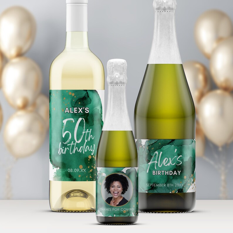 Varied sized bottles, Wine, Champagne and mini champagne each with personalised labels for Parties. Birthday Age can be changed and add a photo of the guest of Honour. Emerald Green watercolour paint and gold splash design.