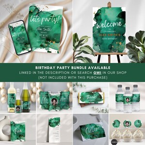 Op de afbeelding: Een groene en gouden aquarel-verjaardagsfeest-printpakket met de tekst "lets party!" en "Alex Smith's 50th Birthday". Het pakket bevat uitnodigingen, welkomstborden, cupcake-toppers, waterfleslabels, cadeautasjes en een chocolade-reepverpakking.