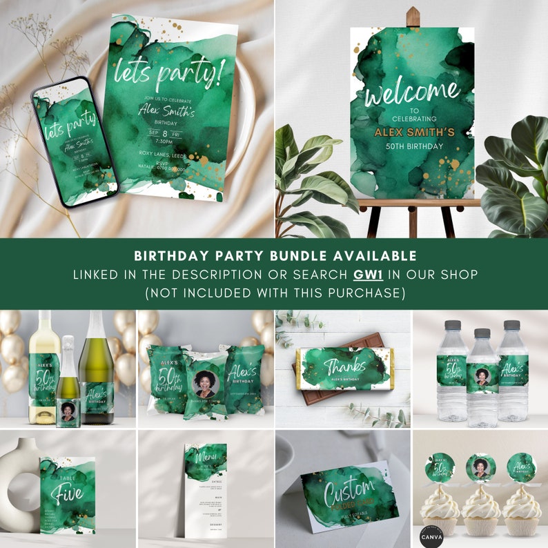 Op de afbeelding: Een groene en gouden aquarel-verjaardagsfeest-printpakket met de tekst "lets party!" en "Alex Smith's 50th Birthday". Het pakket bevat uitnodigingen, welkomstborden, cupcake-toppers, waterfleslabels, cadeautasjes en een chocolade-reepverpakking.