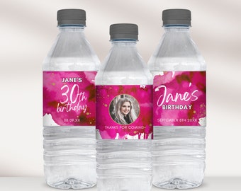 Roze en gouden waterflesetiketten, aangepast drankjelabel, verjaardagsfeestje decoratie, fuchsia aquarel ontwerp, DIY cadeau gunst Canva-sjabloon PW1
