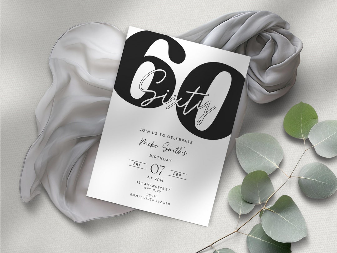 Black and White 60th Birthday Party Invitation Minimal Modern Etsy